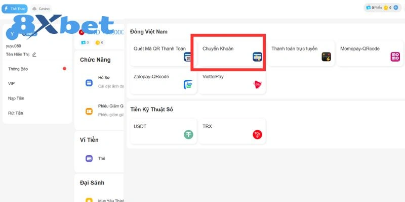 Nhấn vào mục chuyển khoản ngân hàng trên giao diện 8XBET để tiến hành nạp tiền