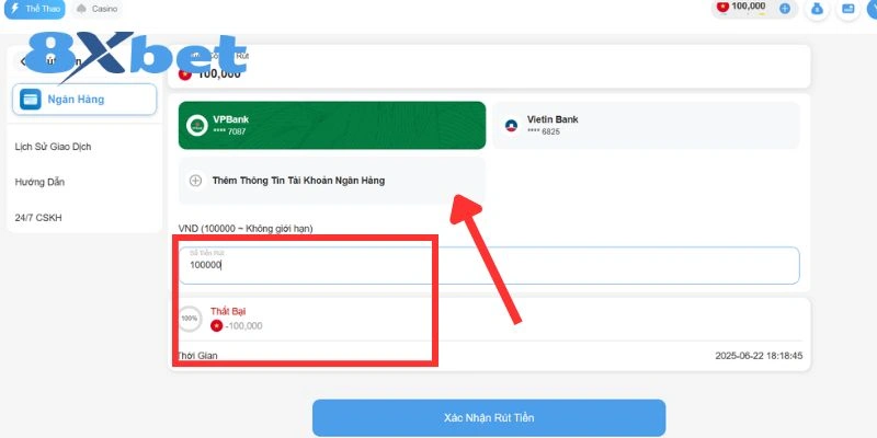 Nhập số tiền cần rút tại giao diện rút tiền 8xbet