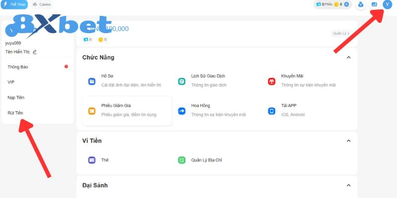 Truy cập mục rút tiền trong giao diện tài khoản 8xbet