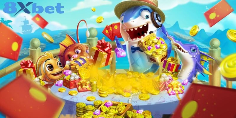 Giao diện game Bắn Cá CQ9 8XBET với hình ảnh đại dương và cá vàng rực rỡ.